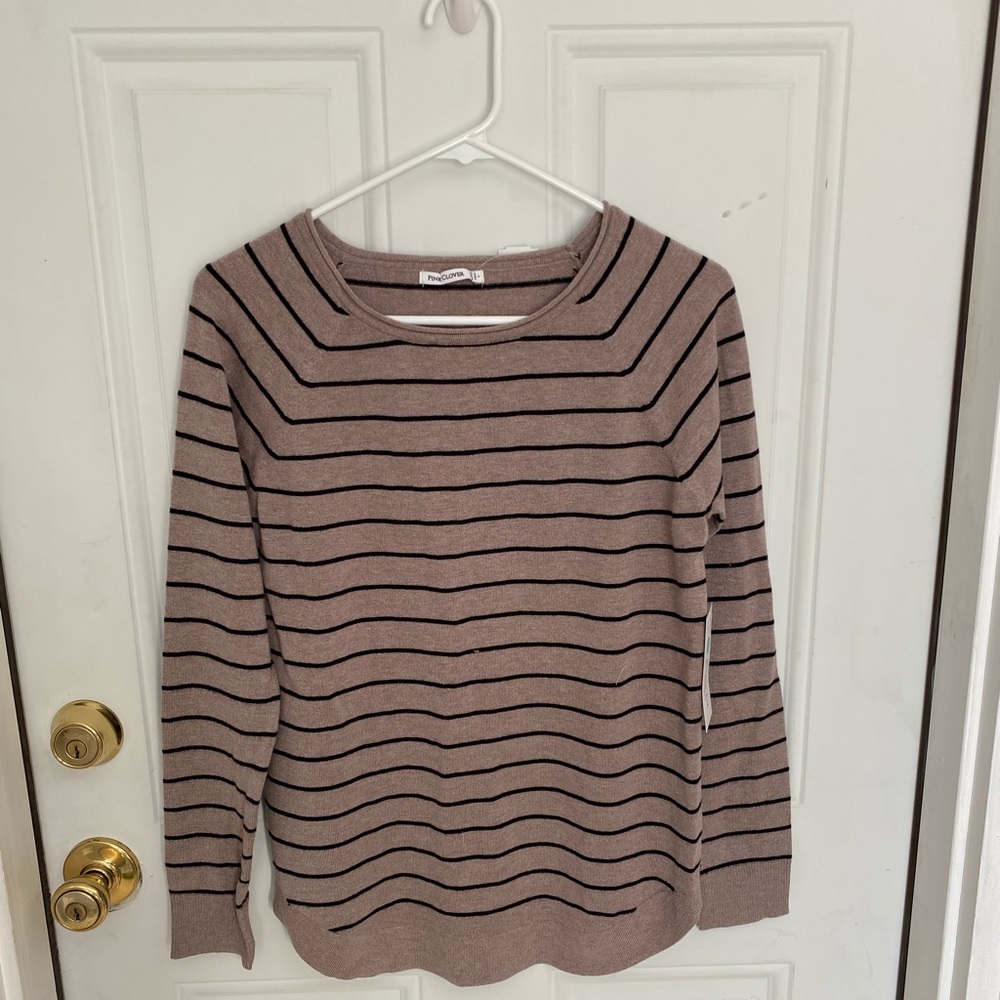 Taupe with Black Stripes Curved Hem Sweater